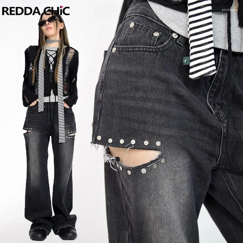 Women's Jeans ReddaChic Studded Cut-out Bootcut Pants Dark Punk Black Wash Grunge Y2k Retro High Rise Flare Bell Bottoms Ladies Trousers