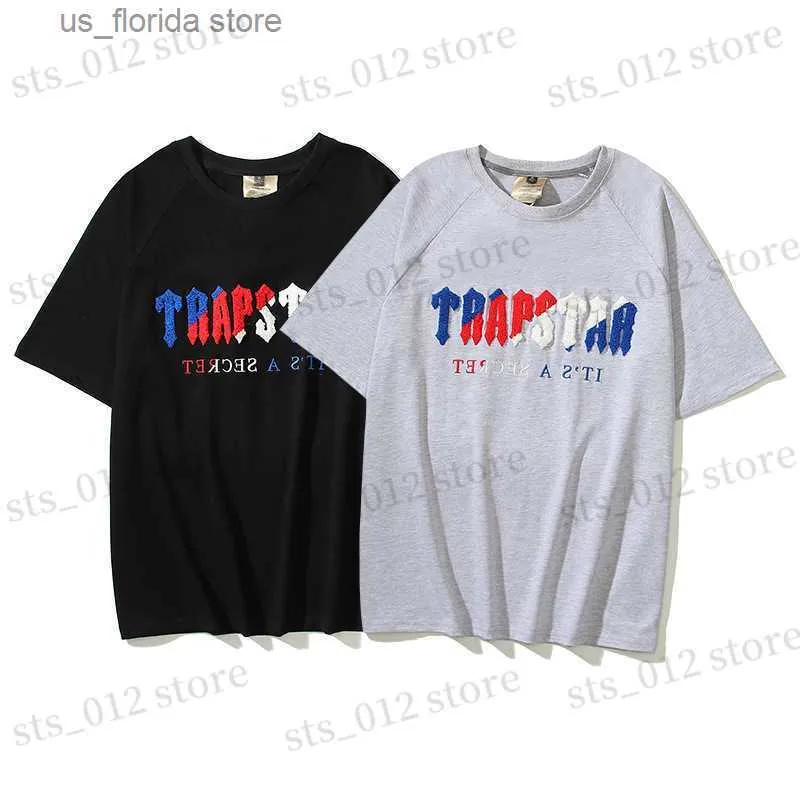 Men's T-Shirts Mens T-Shirts Trapstar Fashion Brand High Strt Loose Oversize Red And Blue Towel Embroidered Short Slve For Men T230412 Y240402