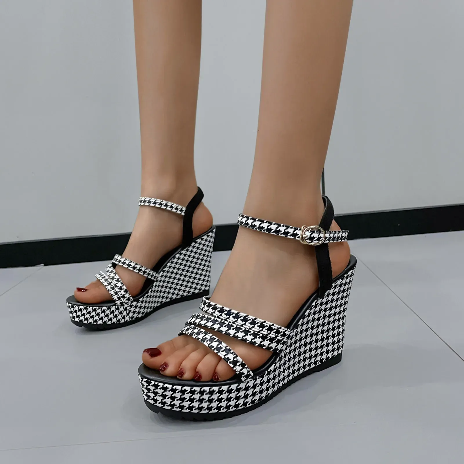 Sandals Platform Ladies Sandals Houndstooth Open Toe Thick Sole Wedge Bridal Sandals for Women Summer Thin Strap Vintage Sandals