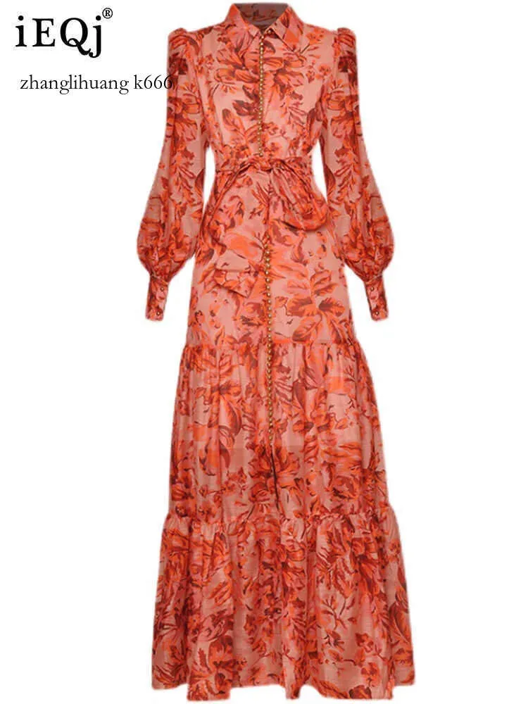 Tryckt Rukas 2024 Fashion Elegant Dresses for Women Lapel Lantern Sleeve Single Breasted Bandage Midi Dress 2023 Summer New 3W4491