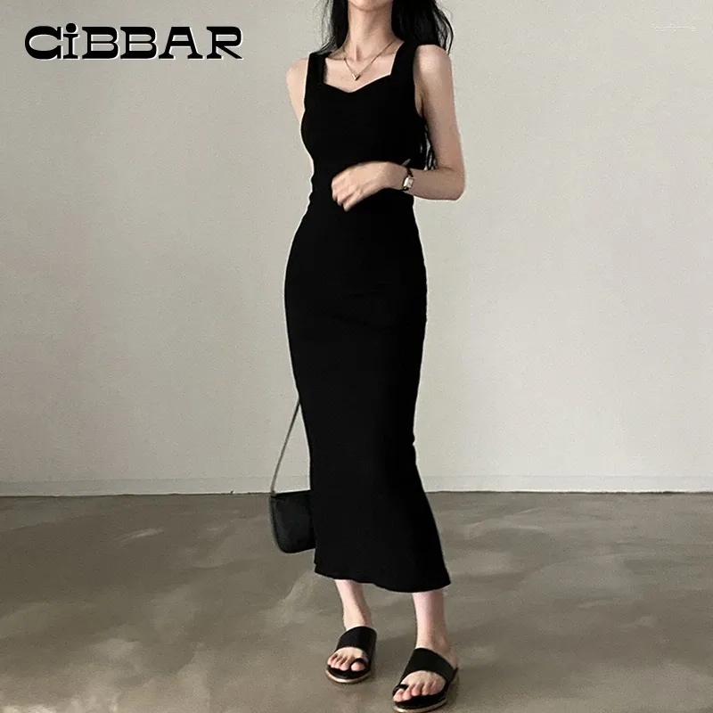 カジュアルドレスCibbar Basic Knit Long Dress Korean Fashion Square Collar Seveless Women's Summer Y2K Vintage All-Match Outftis