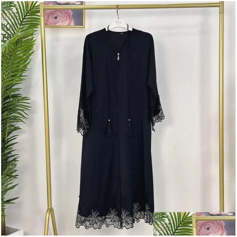 Etniska kläder kimono ärm spets broderi cardigan klänning öppen dragkedja abaya kaftan jilbab mantel kvinnor muslim islamiska utkläder eid dro dhxf7