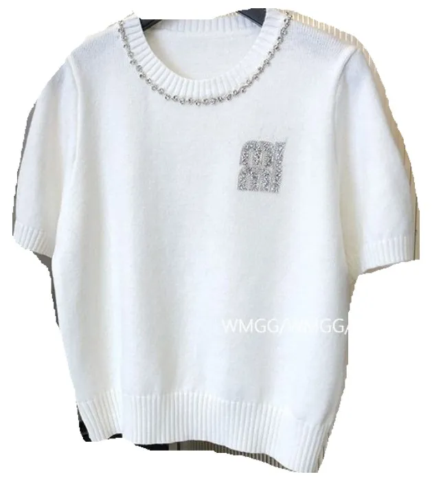 New women o-neck desinger short sleeve rhinestone letter pattern white color knitted tees SMLXL