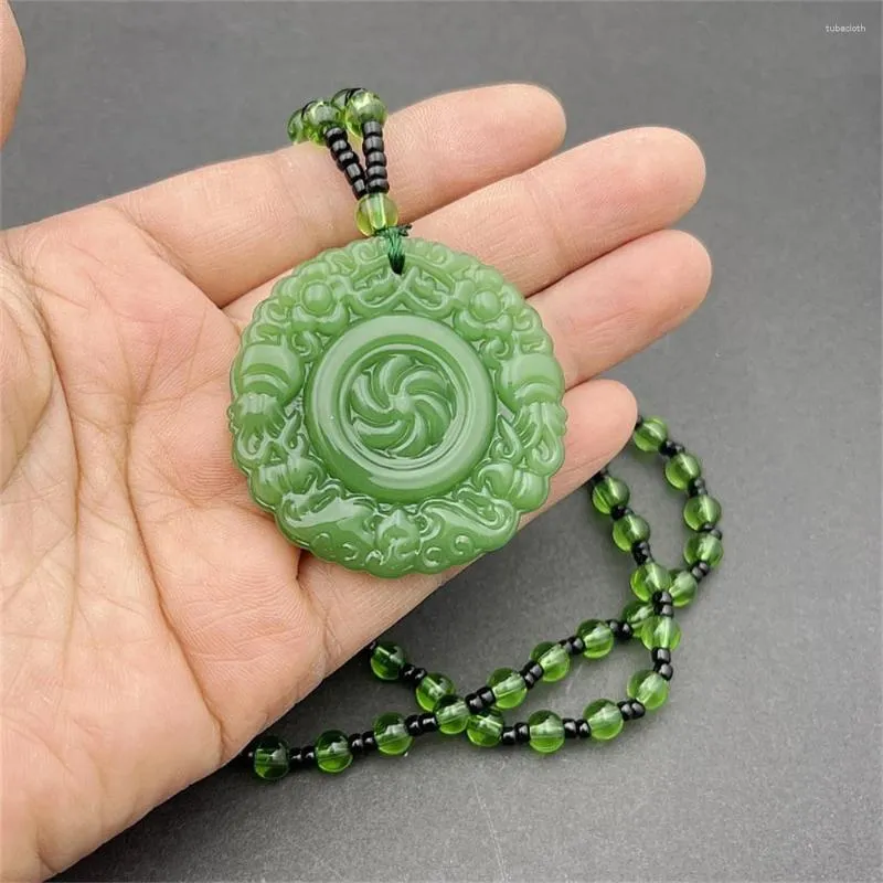 Pendant Necklaces Charm Green Jade Hand-Carved Round Fortune Veins Stone Yellow Black Crystal Necklace Chinese Amulet Lucky Jewelry Gift