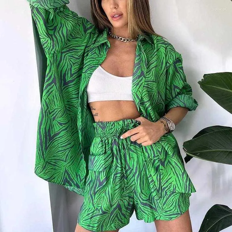 Womens Tracksuits Summer Print Blouse And Short Pants Y2k 2 Piece Sets Women Outfit Lady Button Casual Holiday Beach Outfits Tracksuit Suit