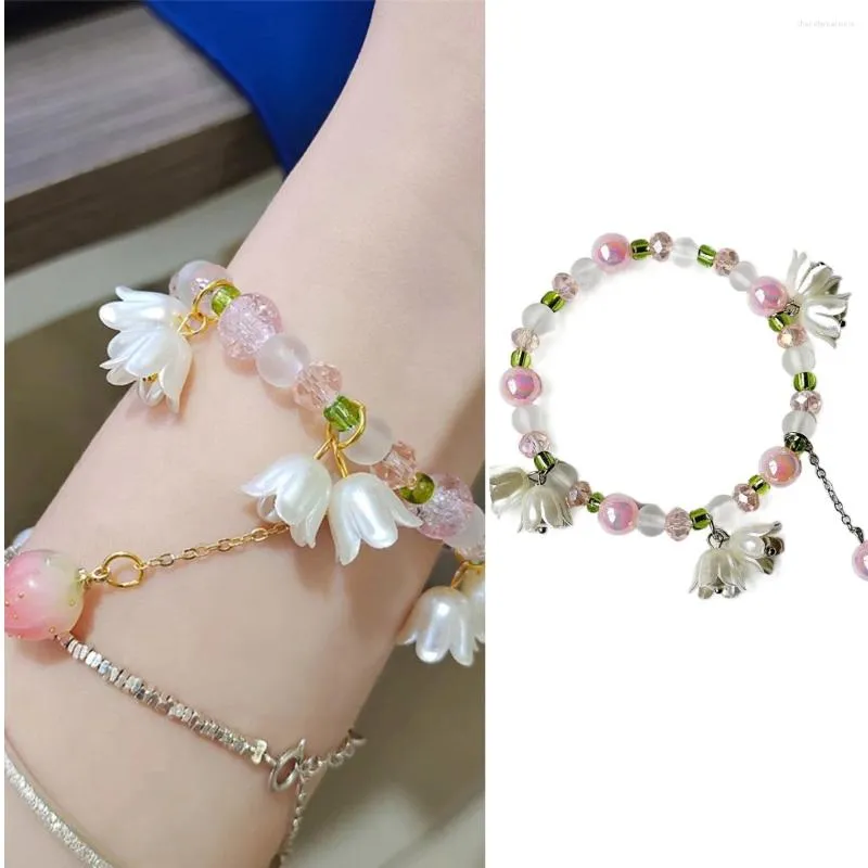 Bracelet doux Vintage tulipe fleur perlé Bracelet pour femmes Style coréen gland rose pêche pendentif Bracelets bijoux esthétiques