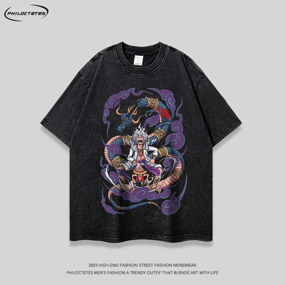 Anime Trend Brand Washed Old Printed T-shirt Oversize Loose American T-shirt for Men and Women