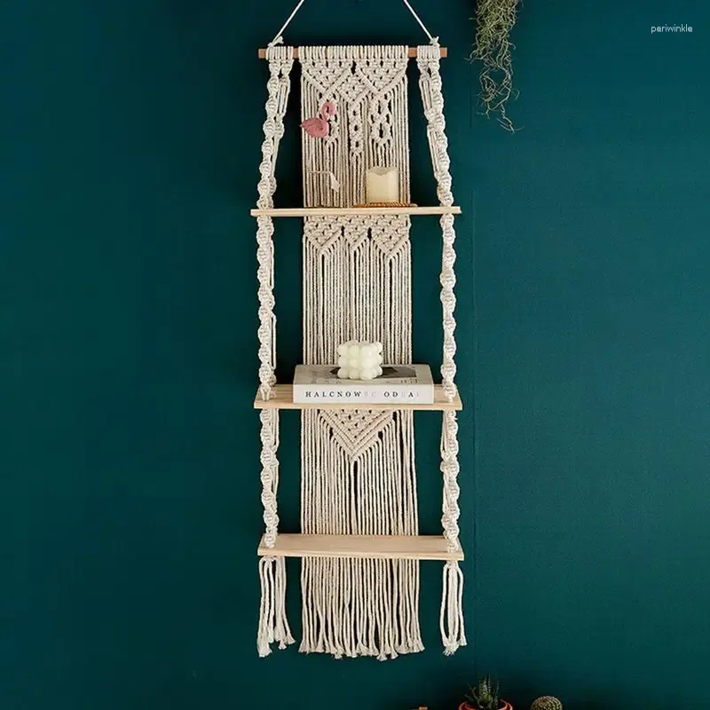 Tapissries 3 Tier Macrame Wall Hangings Shelf Natural Cotton Hanging Ornament Woven Rope Holder For Bovroom Bookhelf Home Decorative Piece