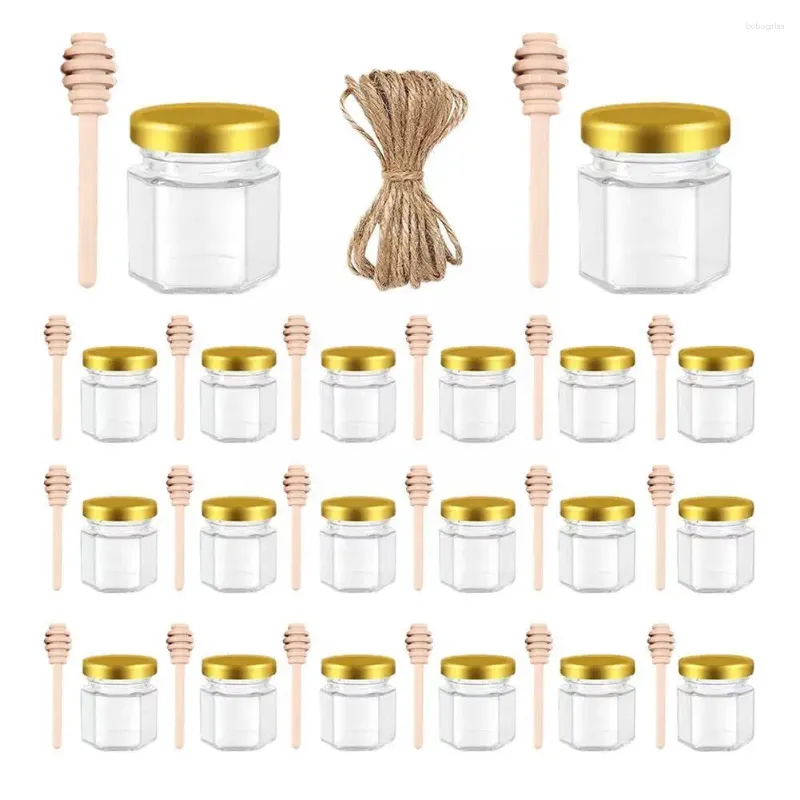 Storage Bottles 20 Pack Hexagon Mini Glass Honey Jars With Wooden Dipper Gold Lids Bee Pendants Jutes Pack- Perfect For Baby Shower L0F7