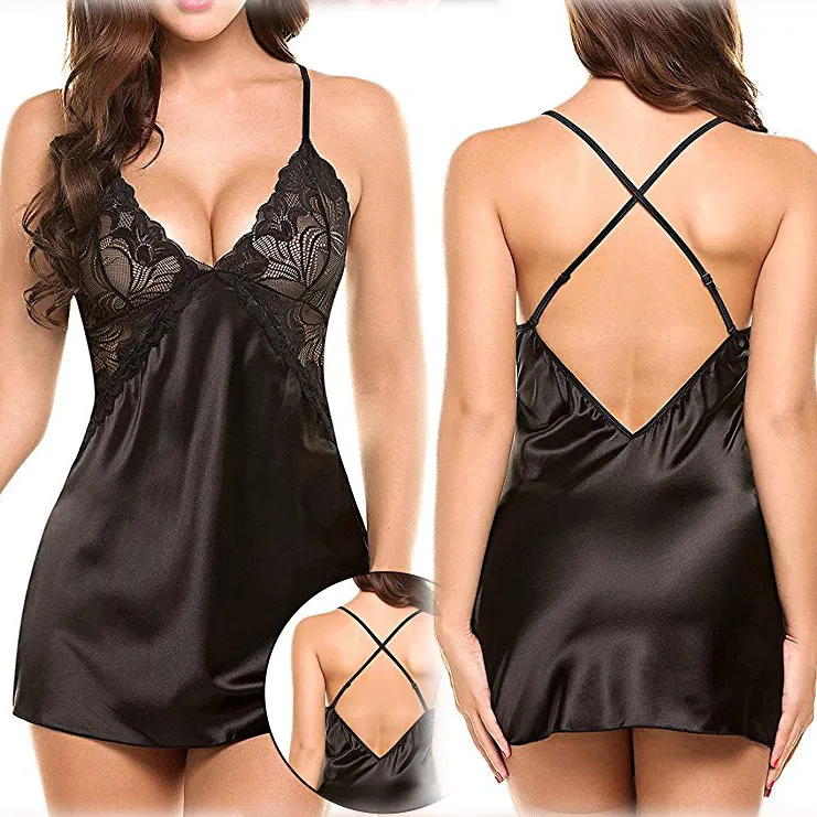 European and American foreign trade sex underwear sexy imitation ice silk back cross strap nightdress sex suit