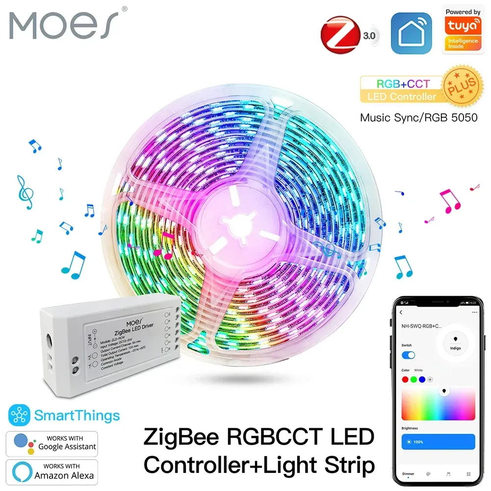 Kontrola Zigbee LED Strip Light Pasek RGB CCT Dimmer Music Sync Tuya Smart App Control z Alexa Google SmartThings Pilot Control