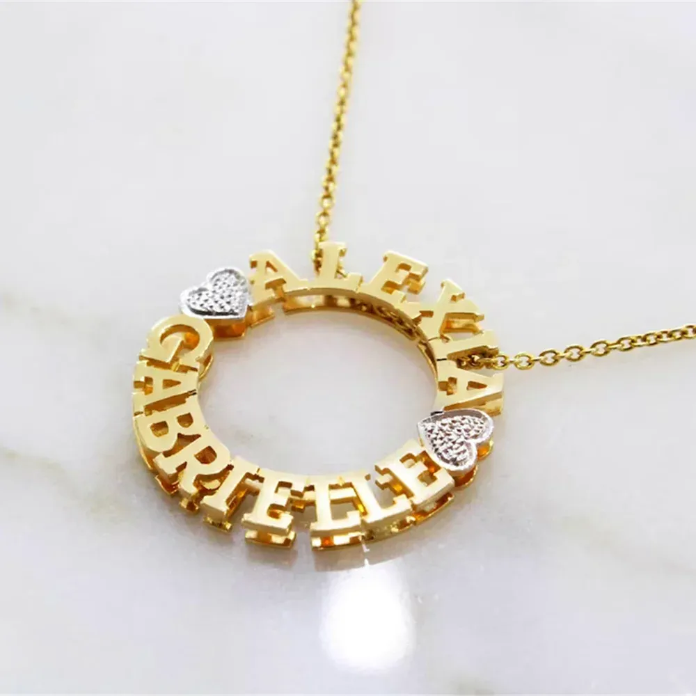 Necklaces Custom 3D Nameplate Necklace Personalized Two Name Necklace with Heart Custom Round Double Plate Necklace for Women Gift