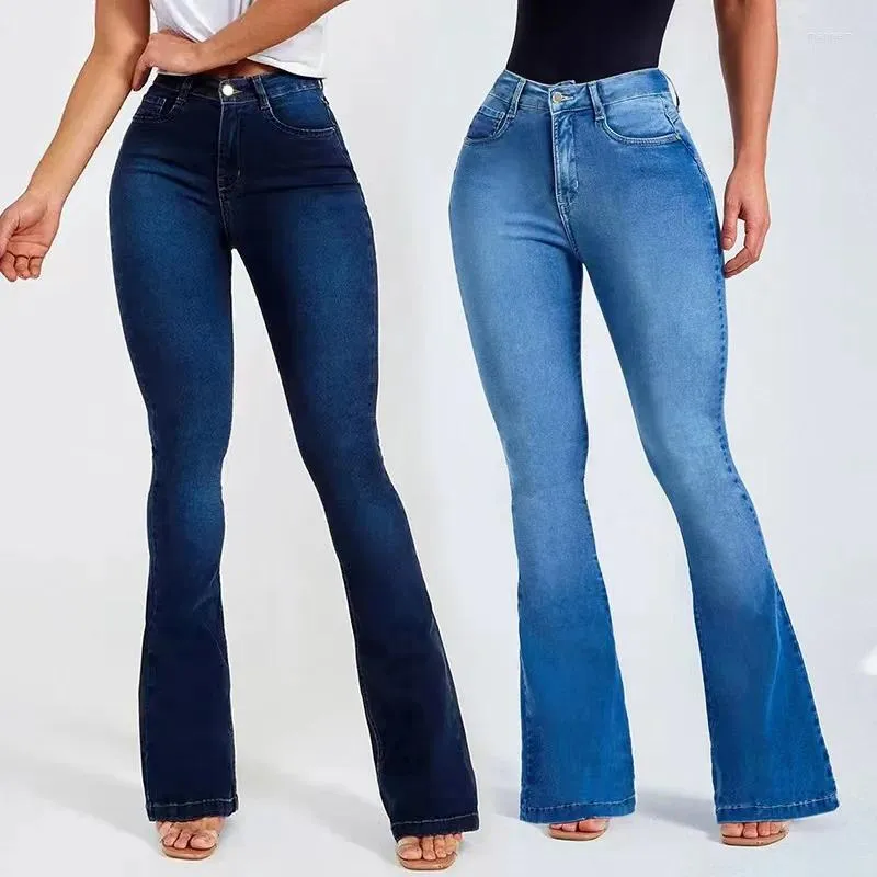 Jeans Femme Bleu Foncé Flare Femmes 2024 Printemps Mode Push Up Taille Haute Cloche Bas Femme Sexy Slim Stretch Skinny Denim Pantalon