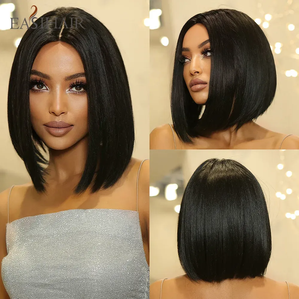 Wigs EASIHAIR Short Straight Black Bob Synthetic Wigs Natural Middle Part Hairs Wig for Women Daily Cosplay Party Heat Resistant