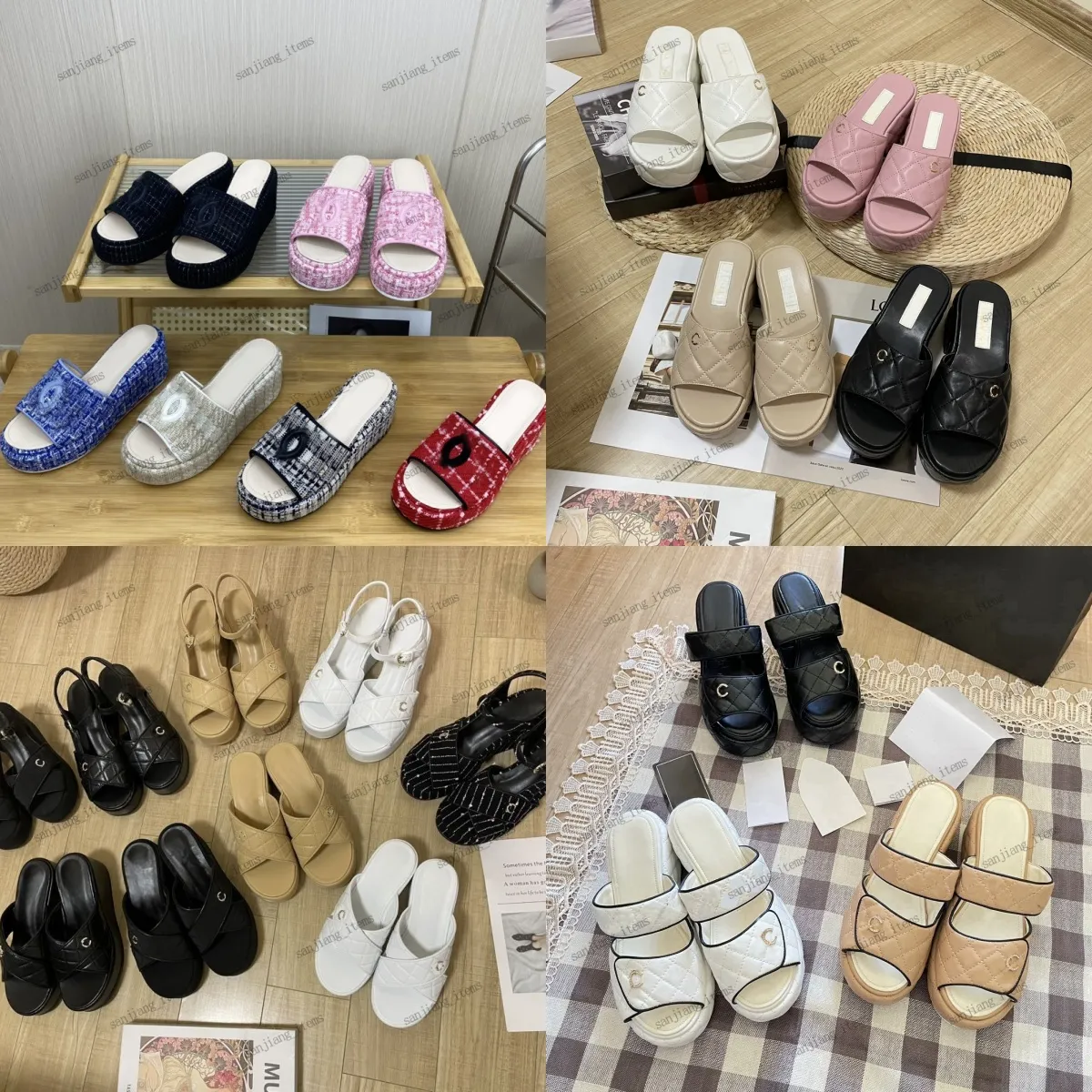 Dames tweed gewatteerde pantoffels met sleehak, hoge hak 2C gouden ketting slingback merklogo sandalen Parijs 2024 zomer dame dikke papa muilezels geborduurde platformslippers