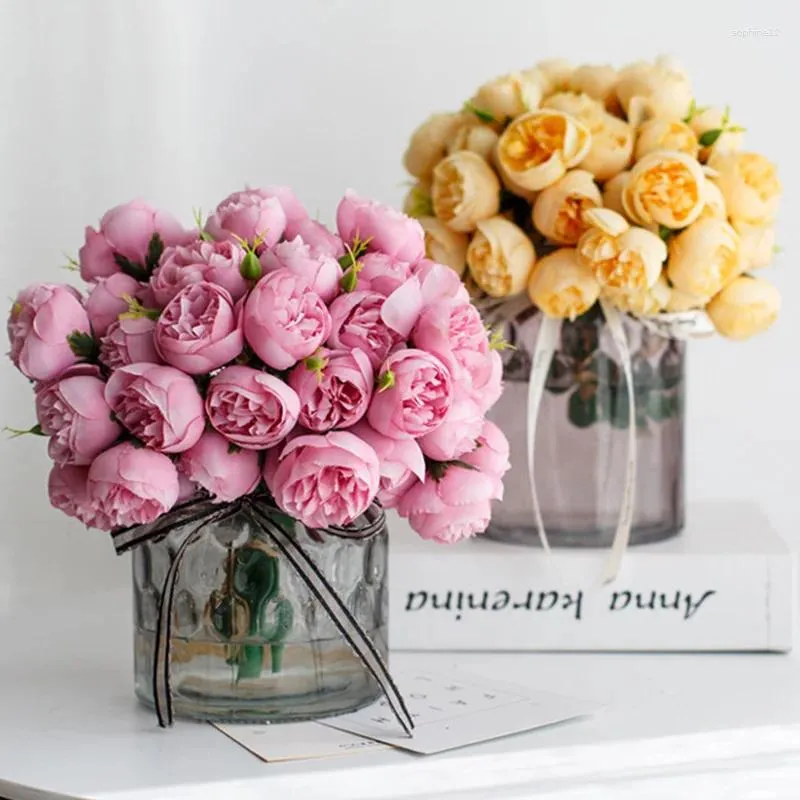 Fleurs décoratives Bouquet de pivoine en soie artificielle 27 têtes Rose fausse fleur pour la mariée tenant la décoration de Table de mariage fête de luxe décor à la maison