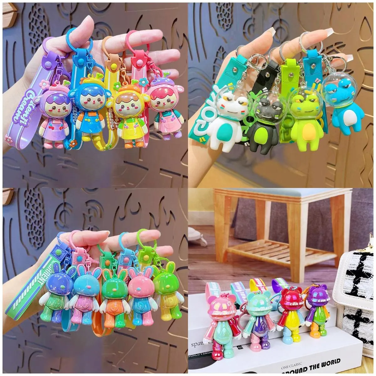 Cartoon dopamine color blocking keychains, PVC soft rubber car keychains, small gift pendants wholesale