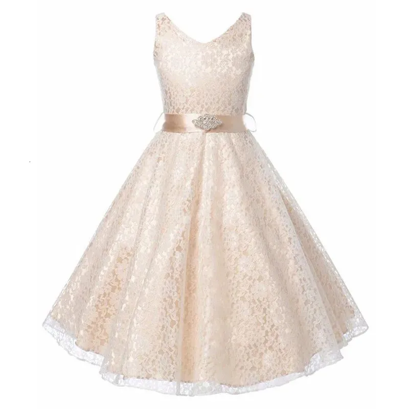 Robe à fleurs pour filles, en dentelle, avec ceinture en diamant d'eau, vêtements de fête de mariage pour enfants, nouvelle collection, 240402