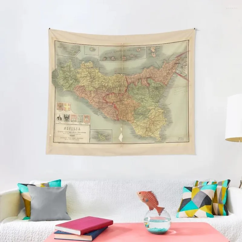 Tapestries Map of Sicily 1900（Sicilia carta corografica stradale）タペストリーベッドルームの装飾