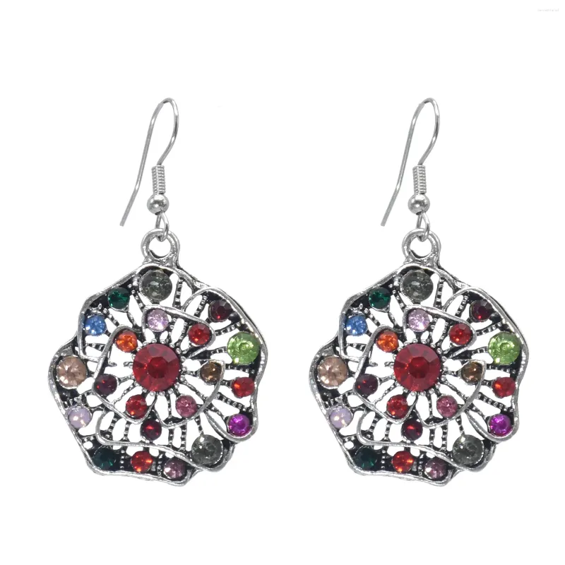 Boucles d'oreilles bohème Vintage couleur argent alliage fleur strass goutte pour femmes femme Tribal Festival fête bijoux cadeau