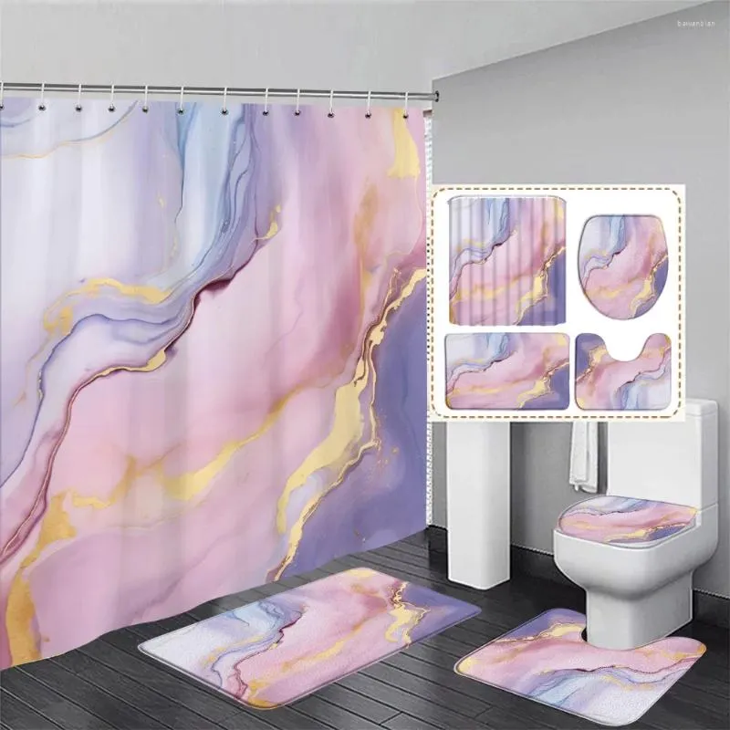Chuveiro cortinas abstrato rosa mármore cortina conjunto roxo ouro texturizado padrão geométrico moderno casa decoração do banheiro tapetes de banho toalete