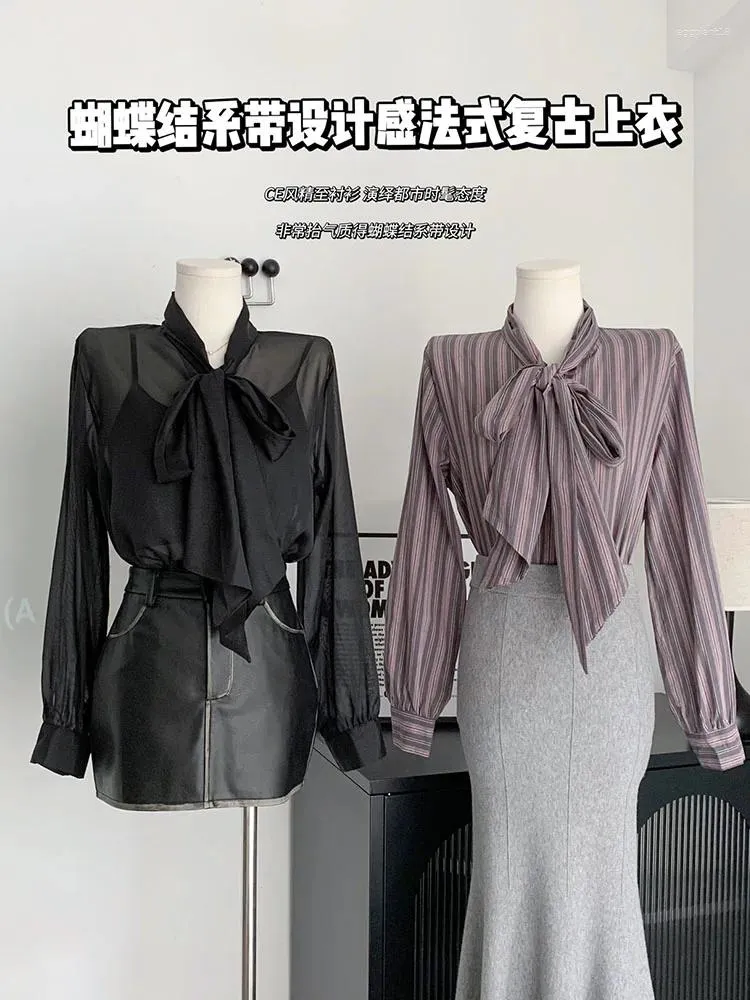Blusas femininas ocasião formal blusa manga longa feminino arco gola alta camisas listradas primavera verão senhora do escritório simples vintage elegante