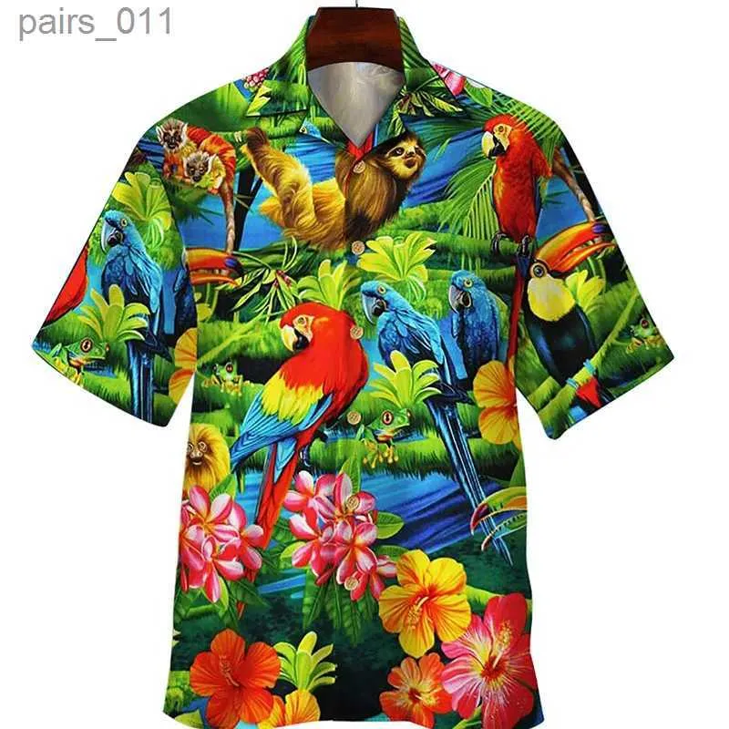 メンズカジュアルシャツ夏のフローラルオウム3Dプリントシャツメンメンズファッションシャツシングルブレスト半袖ハワイアンシャツブラウスメンズ衣類240402