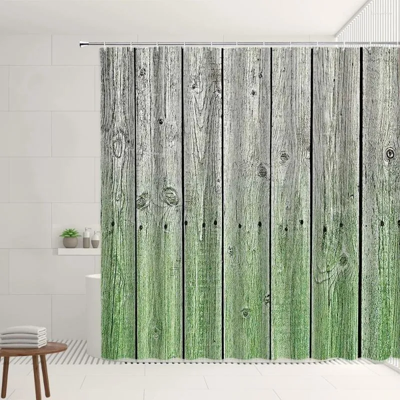 Cortinas de ducha Retro Cortina de madera antigua Verde Raya geométrica Costura Granja Granero Decoración de baño Bañera Conjunto colgante