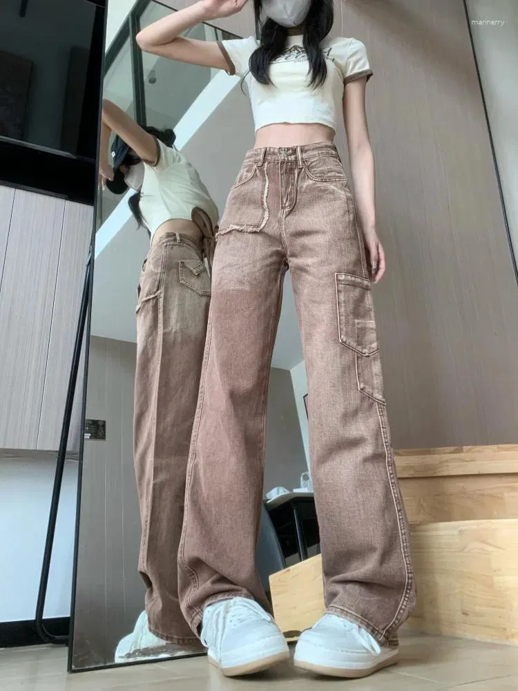 Jeans pour femmes rétro américain brun clair taille haute Cargo printemps automne Style de rue femme droite jambe large Denim pantalon