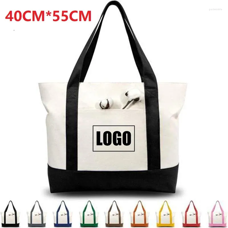 Storage Bags Custom LOGO Fashion Splice Color Biggest Shoulder Duffel Large-capacity Supermarket Shopping Zipper Canvas Handbags