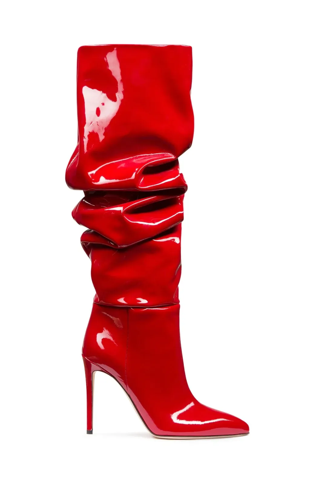 أحذية 2023 ترهل ركبة المرأة العالية بأحذية أسود حمراء براءات الاختراع من الجلد مثير الكعب مدبب إصبع القدم أحذية الشتاء الكبيرة أحذية كبيرة