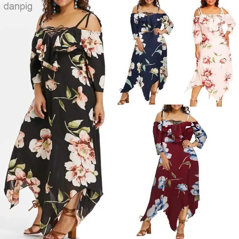 Urban Sexy Dresses Women Plus Size Flower Dress Off-Shoulder Spaghetti Strap Dress Oregelbundet Tiered Beach Maxi Dress Summer Floral Vacation Dress Y240402