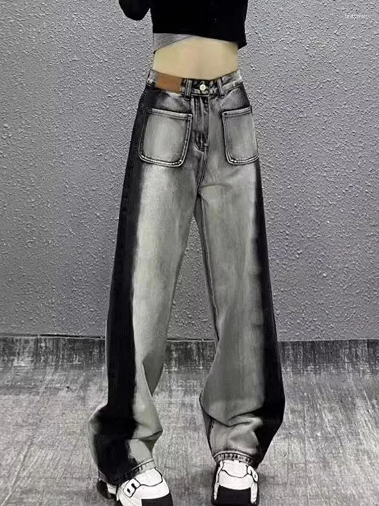 Женские джинсы в стиле ретро, серые, черные контрастные джинсовые брюки с высокой талией, свободные широкие брюки 2024, осенняя модная одежда