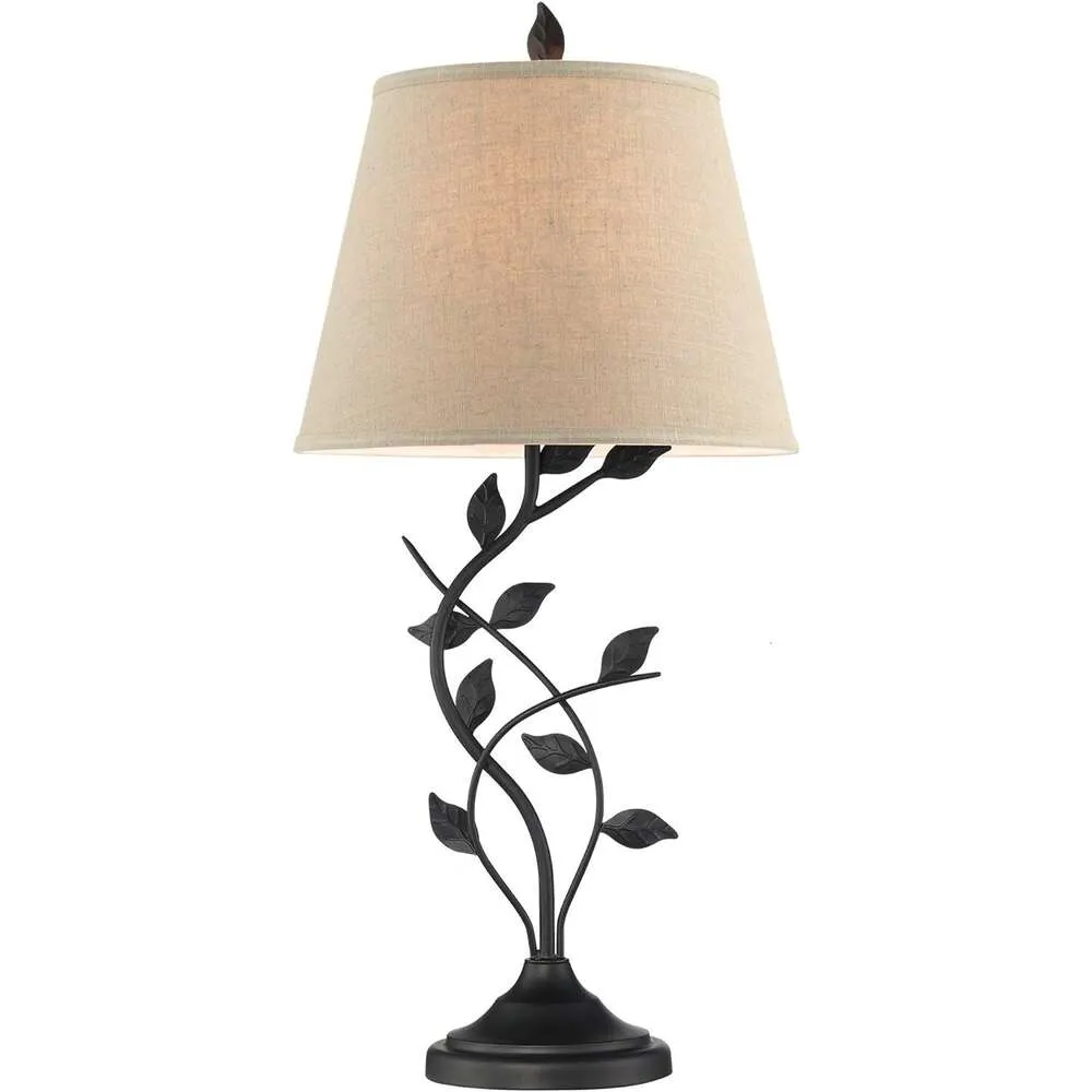 Kira Home Ambrose 31 Traditional Rustic Table Lamp with Beige Fabric Shade, Leaf Detailed Body, Energy Efficient LED Bulb, Matte Black Finish