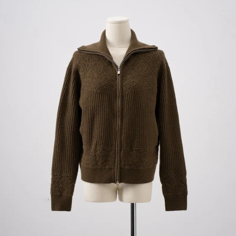 Cardigan tricoté en cachemire avec fermeture éclair pour femme, veste décontractée à demi-col roulé, Style Crochet, automne et hiver, 2024