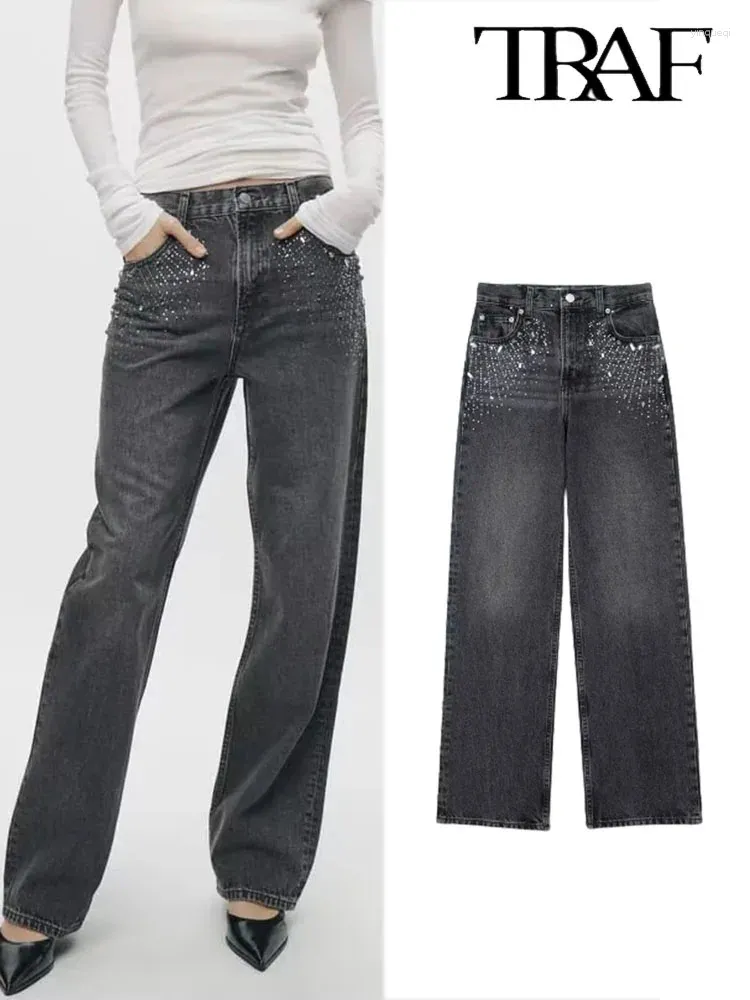Женские джинсы 2024, модные ювелирные изделия, украшенные средней посадкой, прямые повседневные женские брюки