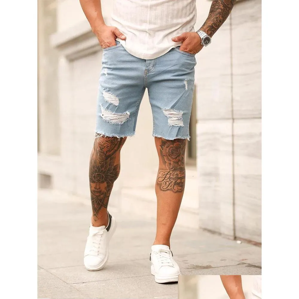 Mens Jeans Summer Ripped Shorts Men Hiphop Denim Pants Stretch Light Blue Fashion Design Slim Straight Male Short Hombre 230615 Drop D Dhwih