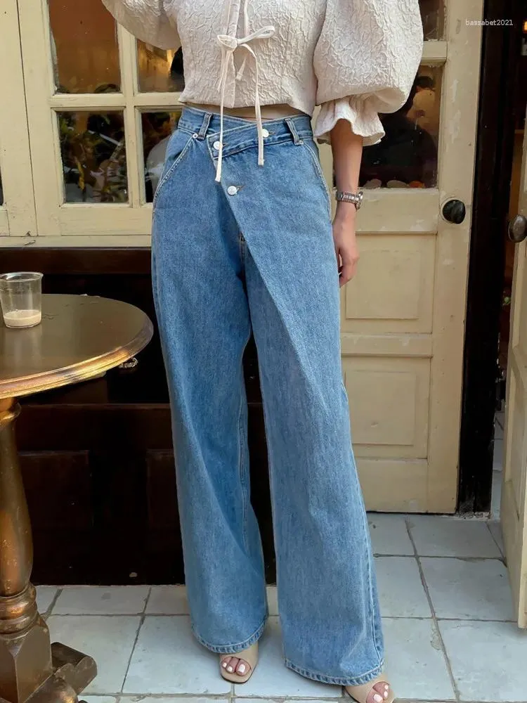 Damenjeans 2024 Cyber Y2K Schrägschnalle gewaschene blaue Baggy-Hosen für Frauenkleidung Gerade koreanische lässige Denim-Hose Ropa Mujer