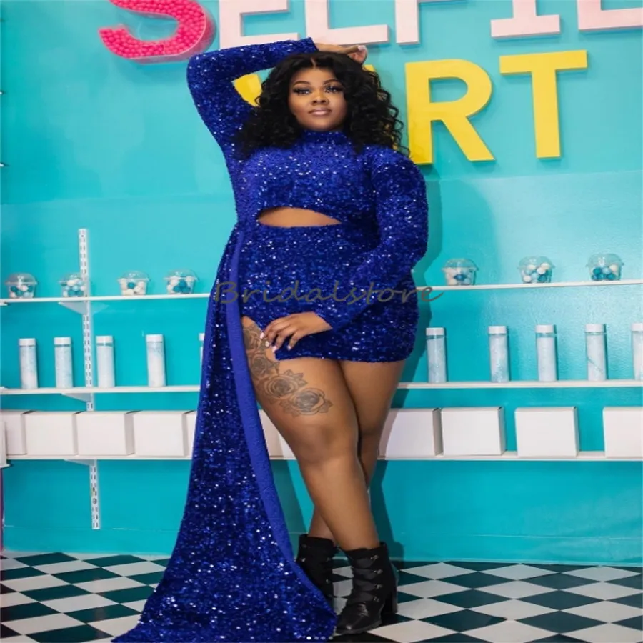 Royal Blue Plus Size Sequin aftonklänning med tåg ASO EBI Långärmad promenad klänningar mini kort glittrande cocktailfestklänningar afrikansk formell middag speciellt tillfälle