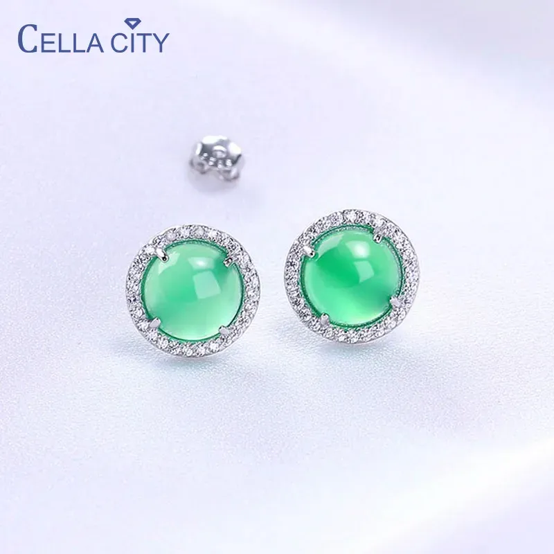 Boucles d'oreilles CELLACITY PURE 925 Boucles d'oreilles en argent sterling pour femmes 8 * 10 mm Green Callondes d'oreille Femelle Round Gem Stone Oreads Anniversa