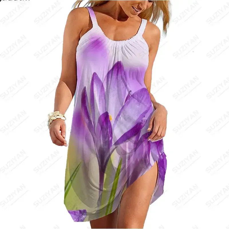 Yaz büyük kayış 3d çiçek baskı kentsel kadınlar seksi plaj elbise orta bel uzun moda gevşek 240402