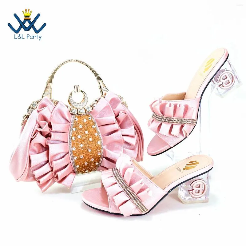 Dress Shoes Fashionable Arrivals Italian Ladies Matching Bag Set In Pink Color With Appliques 2024 INS Slipper For