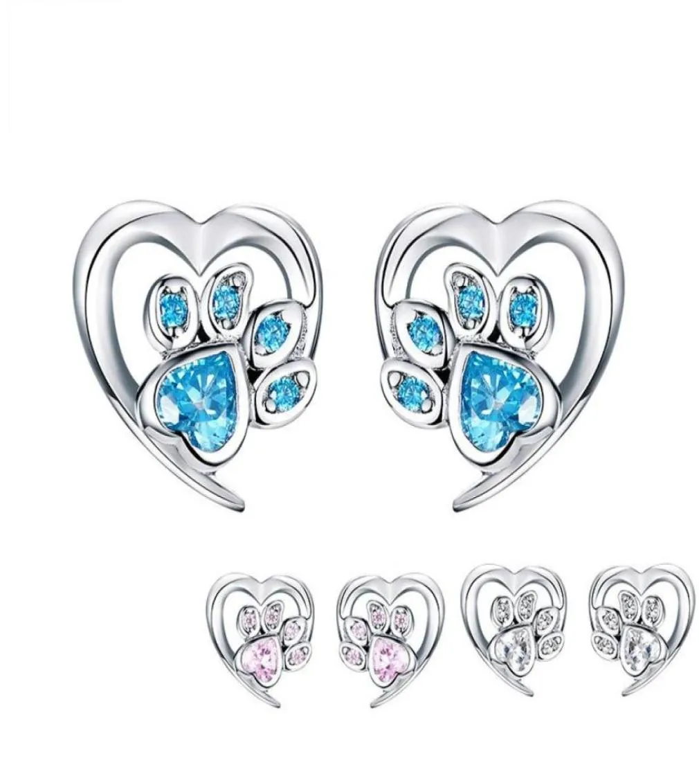 Blue Crystal Pet Paw Coldings for Girl Heart kształt CZ Footprint Ear Studs Biżuteria Kobiety projekt Bijoux SCE65432155086326248