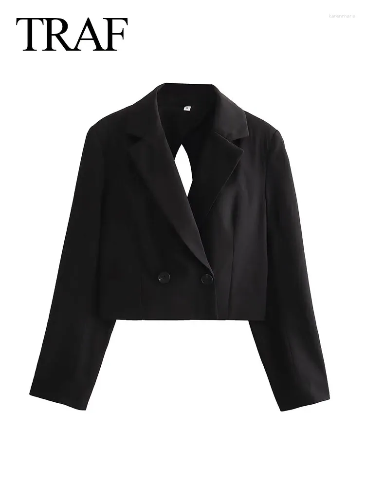 Women's Jackets 2024 Woman Black Blazer Lapel Long Sleeves Hollow Backless Button Chic Sex Vintage Female Short Coat Streetwear Trendy