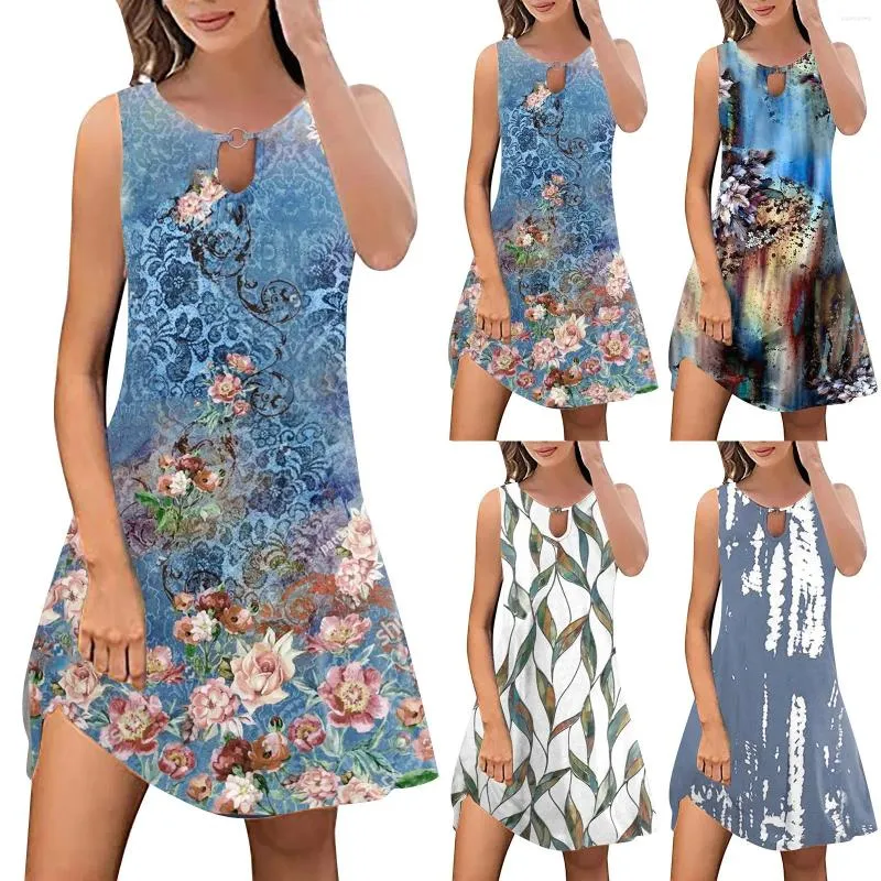 Festklänningar 2024 Spring Fashion Lock Hole Flowing Leisure Sweet Retro Printed Round Neck Long Sleeve Pocket Dress