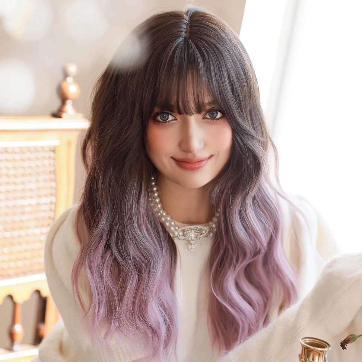 Wigs 7JHH WIGS Long Wavy Ombre Brown Wig for Women Daily Party Natural Looking Synthetic Purple Hair Wigs with Bangs High Quality