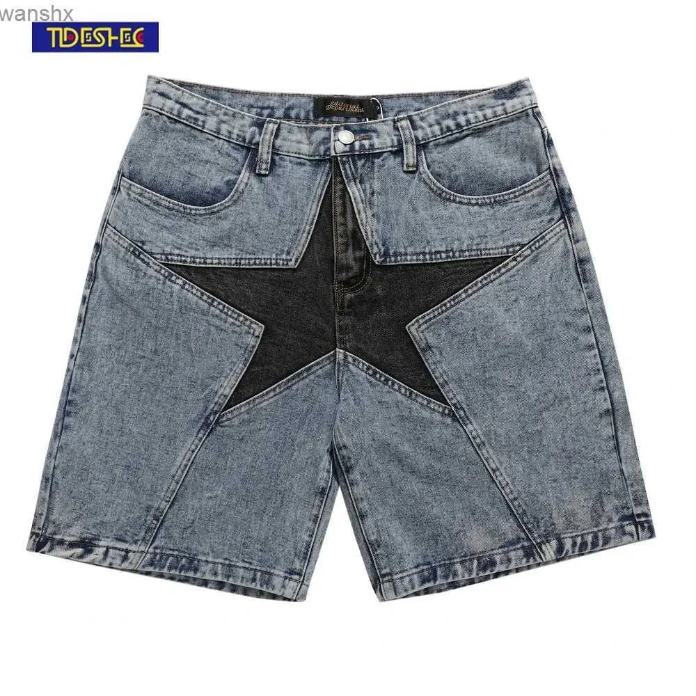 Herenshorts 2022 Mensjeansontwerper Pentagram Patch Work Denim Shorts American Shorts Heren Hip Hop Street Kleding Mens Street Clothingl2404