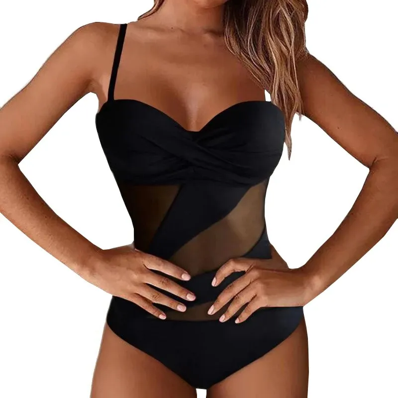 Preto sexy net um pedaço maiô fechado feminino banho push up corpo das mulheres nadar wear maiô praia piscina banhista 240402