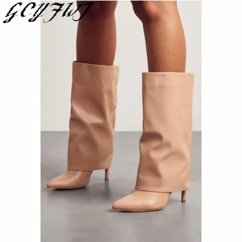 Boots Women's Mid Calf Boots 2023 New Pointed Toe Stiletto Slipon حجم كبير بانت سيدات قصيرة الأحذية