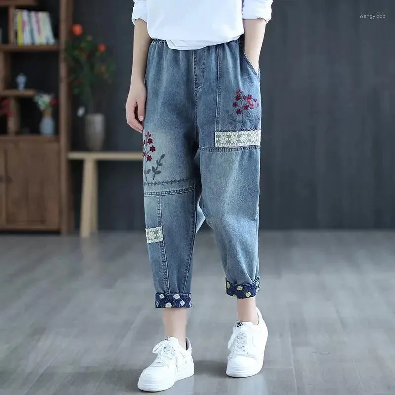 Women's Jeans Spring Summer Literary Retro Spliced Embroidery Cropped Pants Loose Elastic Waist Harlan Denim Female